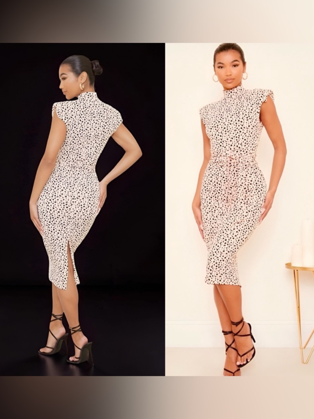 NWT✨ PrettyLittleThing Nude Dalmatian Shoulder Pad Tie Waist MIDI Dress